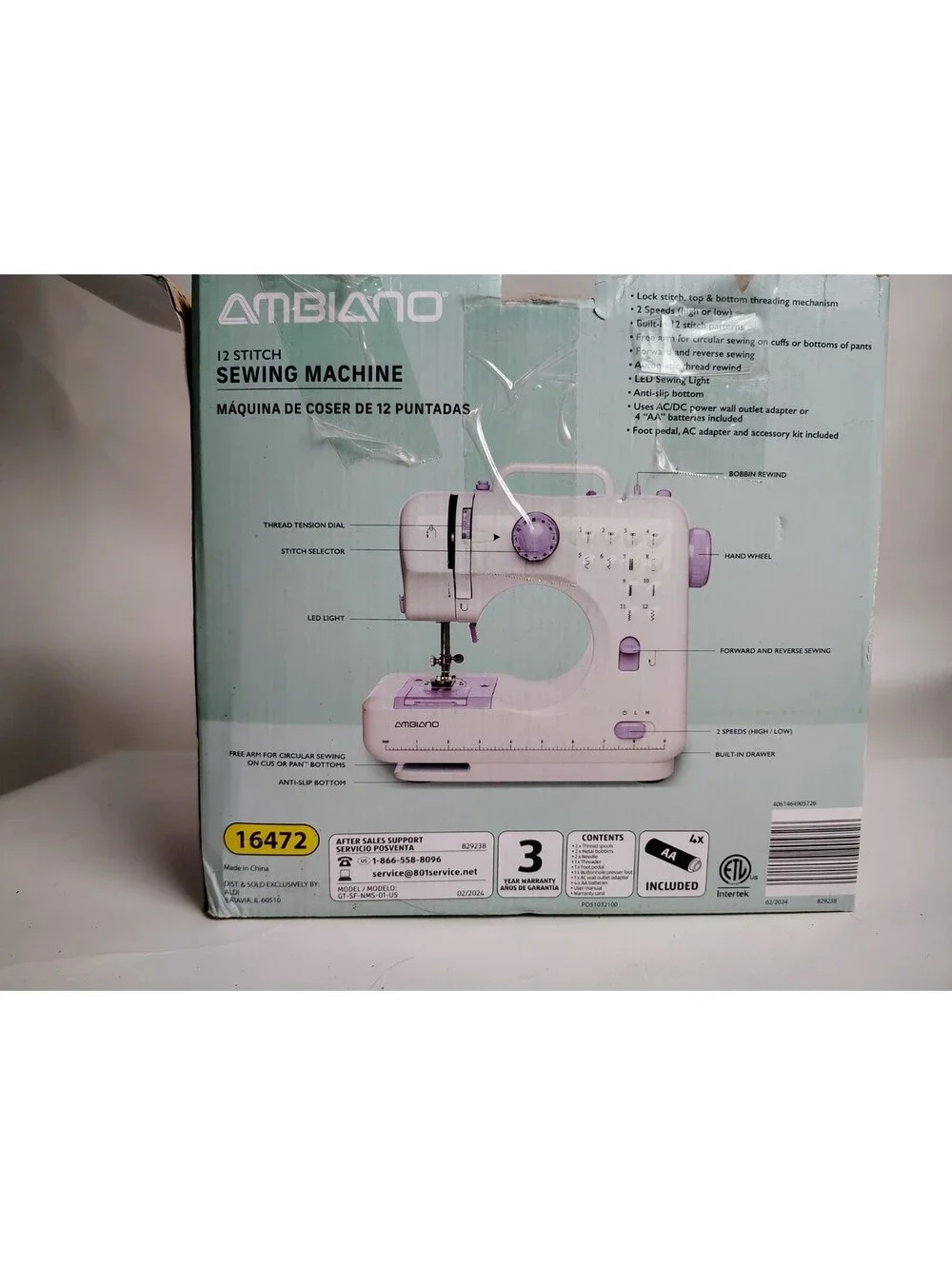 Ambiano 12 Stitch Sewing Machine Portable Compact Kit 16472 White Purple